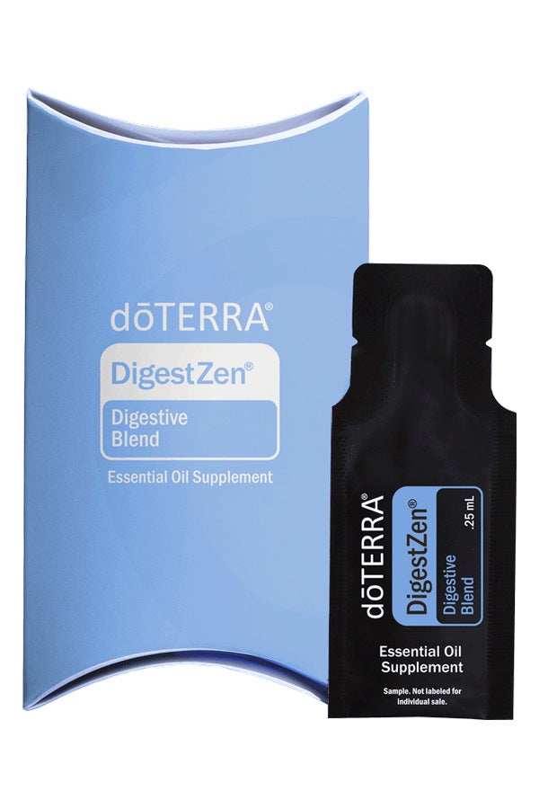 doTERRA DigestZen Digestive Blend .25 mL black sample sachet standing in front of its light blue doTERRA pillow box on a white background. doTERRA DigestZen Essential Oil Sample (.25 mL)