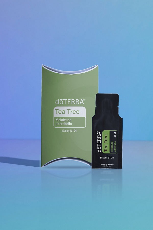 doTERRA Tea Tree .25 mL black sample sachet standing beside its green doTERRA pillow box on a glossy blue studio surface with soft reflections. doTERRA Tea Tree Essential Oil Sample (.25 mL)