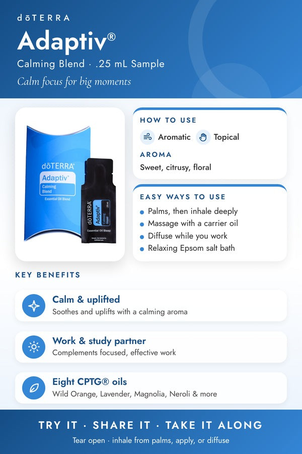 doTERRA-branded infographic for the Adaptiv .25 mL sample sachet showing how to use it, aroma, and key benefits. doTERRA Adaptiv Essential Oil Sample (.25 mL)