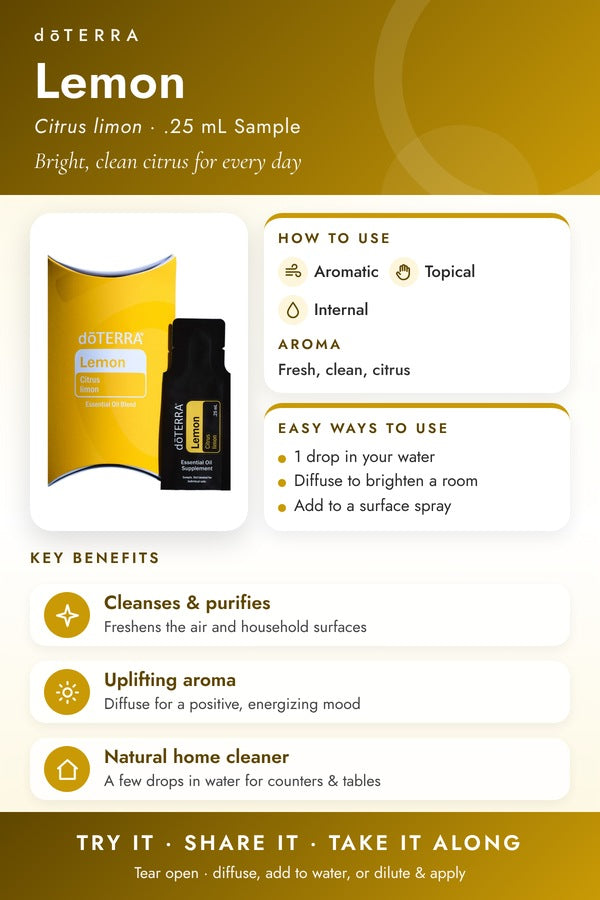 doTERRA-branded infographic for the Lemon .25 mL sample sachet showing how to use it, aroma, and key benefits. doTERRA Lemon Essential Oil Sample (.25 mL)