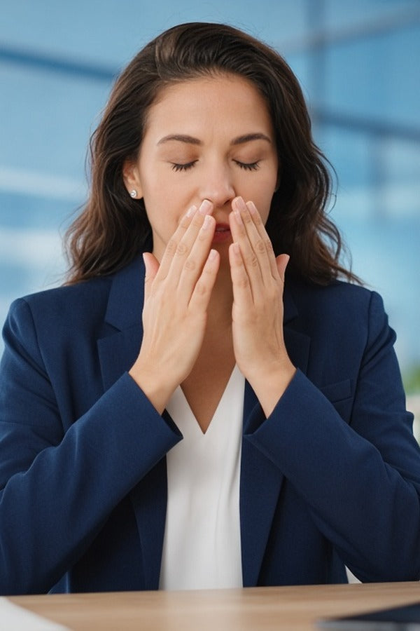 Professional woman at her desk inhaling doTERRA Adaptiv from her cupped hands. doTERRA Adaptiv Essential Oil Sample (.25 mL)