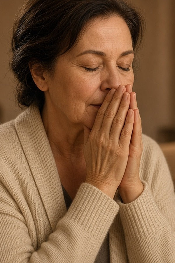 Woman in a cream cardigan inhaling doTERRA Copaiba from her cupped hands in a cozy lamp-lit living room. doTERRA Copaiba Essential Oil Sample (.25 mL)