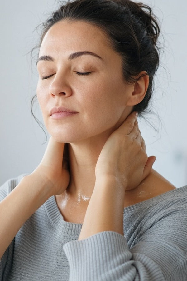 Woman massaging doTERRA Deep Blue into the back of her neck at her home office desk, eyes closed. doTERRA Deep Blue Essential Oil Sample (.25 mL)