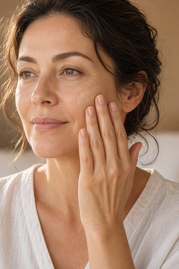 Woman applying doTERRA Frankincense to her cheek as part of her morning skincare routine. doTERRA Frankincense Essential Oil Sample (.25 mL)