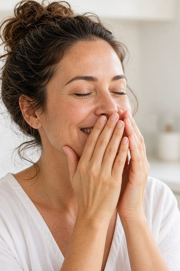 Woman in a sunny kitchen inhaling doTERRA Lemon from her cupped hands. doTERRA Lemon Essential Oil Sample (.25 mL)