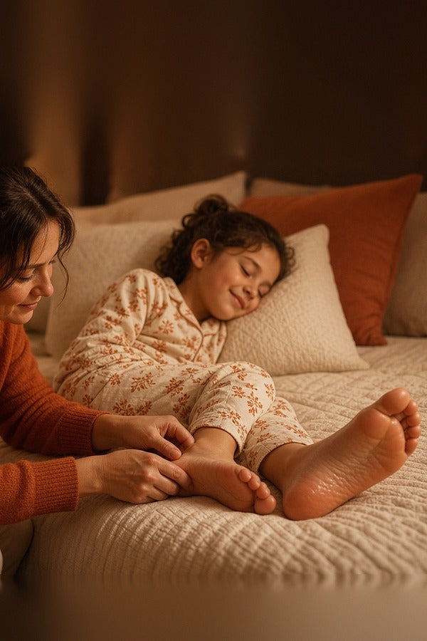 Mother rubbing doTERRA On Guard into the soles of her sleepy child's feet at bedtime. doTERRA On Guard Essential Oil Sample (.25 mL)