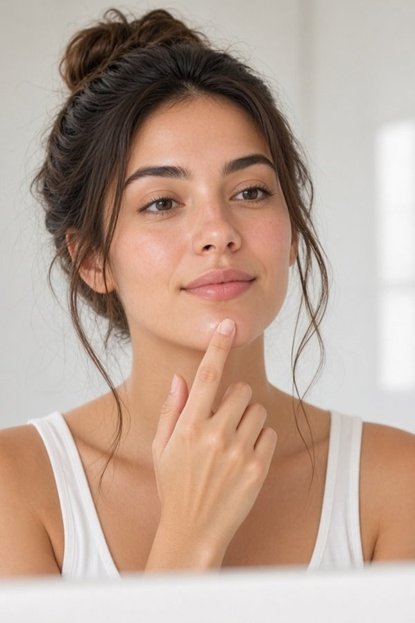Woman at a bright bathroom mirror dabbing doTERRA Tea Tree on her chin with a fingertip. doTERRA Tea Tree Essential Oil Sample (.25 mL)