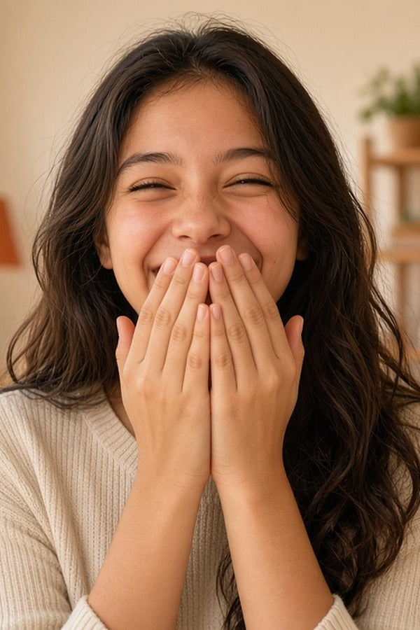 Teen girl smiling as she inhales doTERRA Wild Orange from her palms. doTERRA Wild Orange Essential Oil Sample (.25 mL)