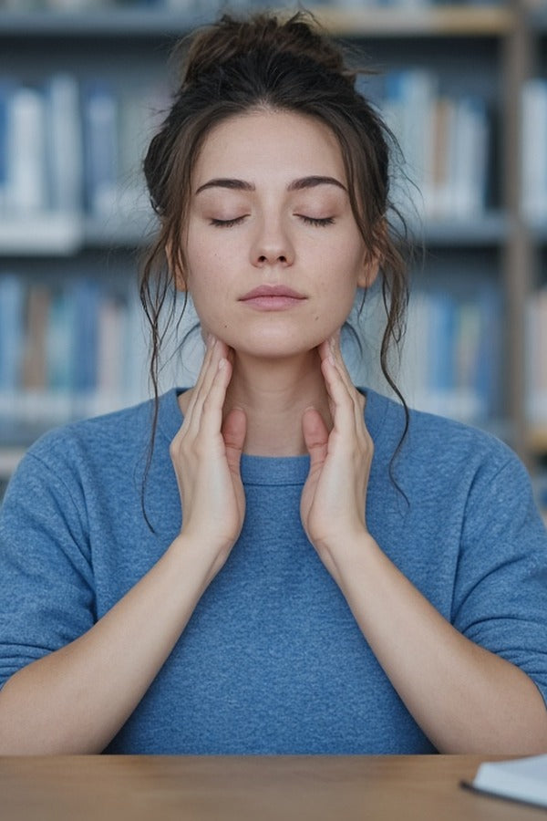 Student in a library touching doTERRA Adaptiv to her neck before studying. doTERRA Adaptiv Essential Oil Sample (.25 mL)