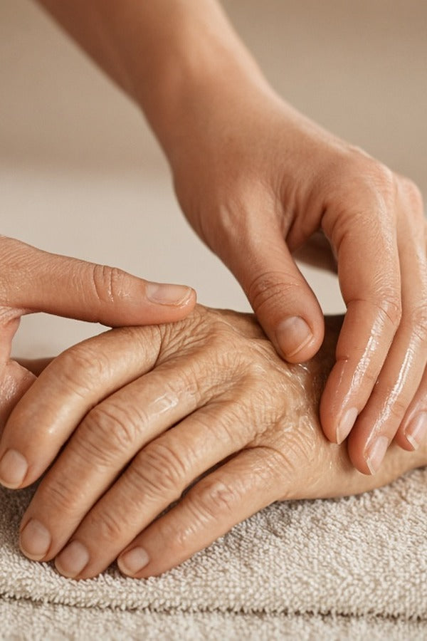Gentle hand massage with doTERRA Balance on an older woman's hand and wrist. doTERRA Balance Essential Oil Sample (.25 mL)