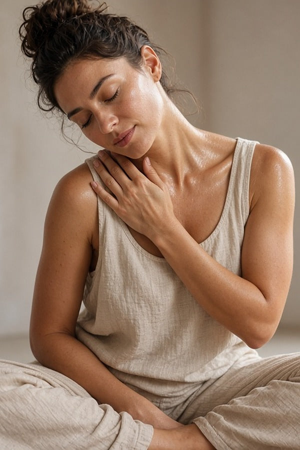 Woman on a yoga mat massaging doTERRA Copaiba into her neck and shoulder by a sunny window. doTERRA Copaiba Essential Oil Sample (.25 mL)