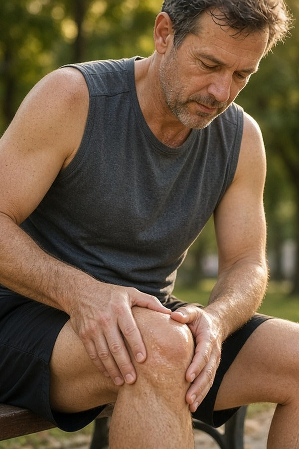 Man in running clothes rubbing doTERRA Deep Blue into his knee on a park bench after a run. doTERRA Deep Blue Essential Oil Sample (.25 mL)