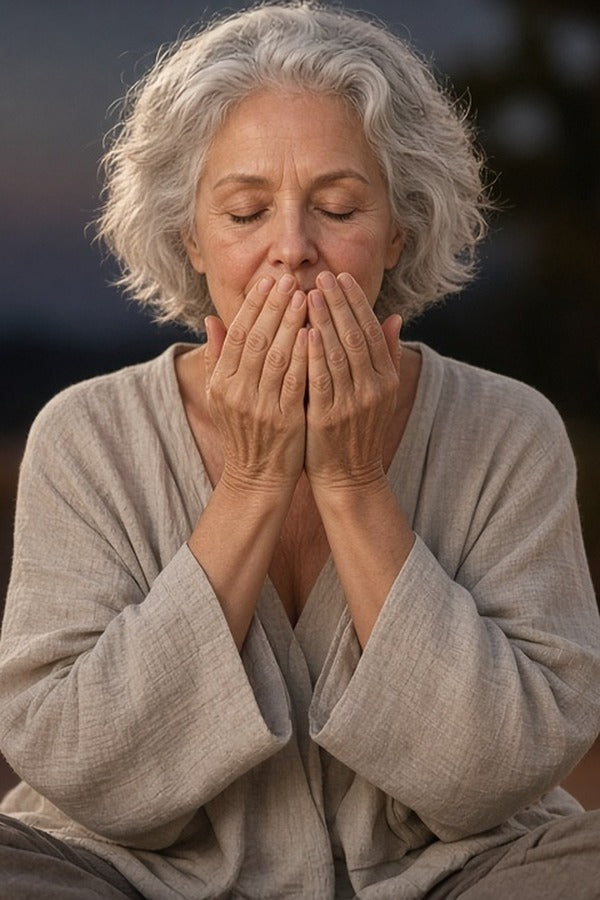 Older woman meditating at dusk, inhaling doTERRA Frankincense from her cupped hands by candlelight. doTERRA Frankincense Essential Oil Sample (.25 mL)