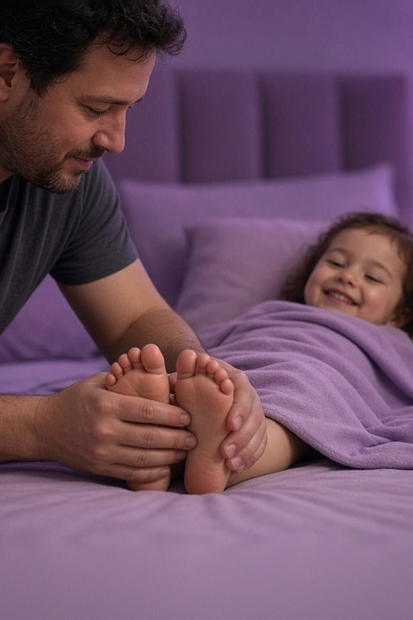 Father massaging doTERRA Lavender into his toddler's feet at bedtime. doTERRA Lavender Essential Oil Sample (.25 mL)
