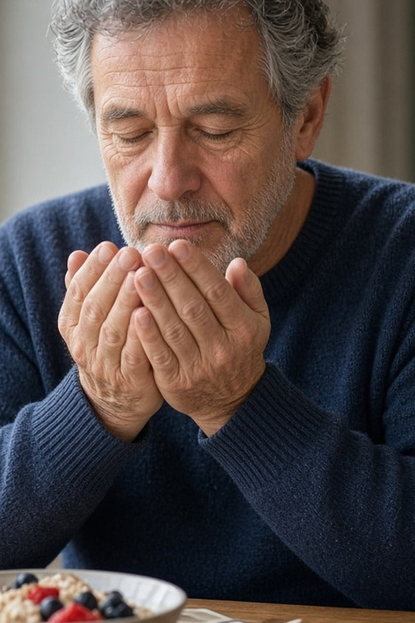 Older man at the breakfast table inhaling doTERRA Lemon from his cupped palms. doTERRA Lemon Essential Oil Sample (.25 mL)