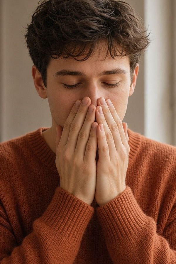 Young man in an orange sweater inhaling doTERRA On Guard from his cupped hands by an autumn window. doTERRA On Guard Essential Oil Sample (.25 mL)