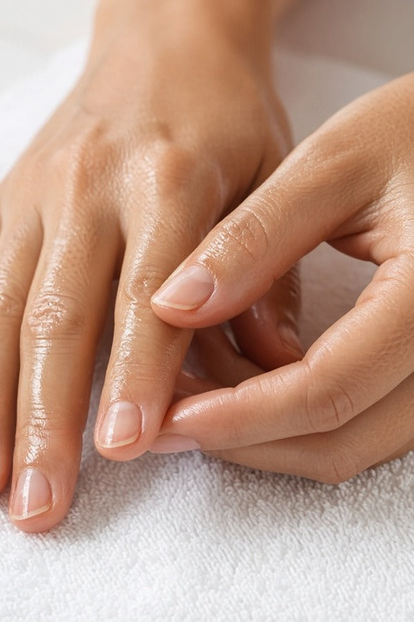Hands massaging doTERRA Tea Tree into the fingernails and cuticles over a white towel. doTERRA Tea Tree Essential Oil Sample (.25 mL)