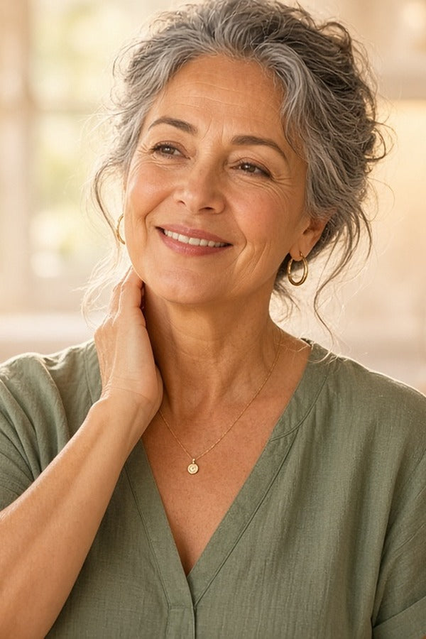 Woman in a bright kitchen rubbing doTERRA Wild Orange onto the back of her neck. doTERRA Wild Orange Essential Oil Sample (.25 mL)