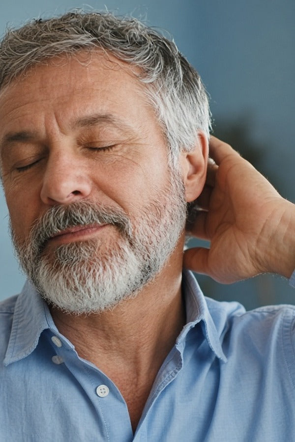 Man in his home office rubbing doTERRA Adaptiv into the back of his neck. doTERRA Adaptiv Essential Oil Sample (.25 mL)