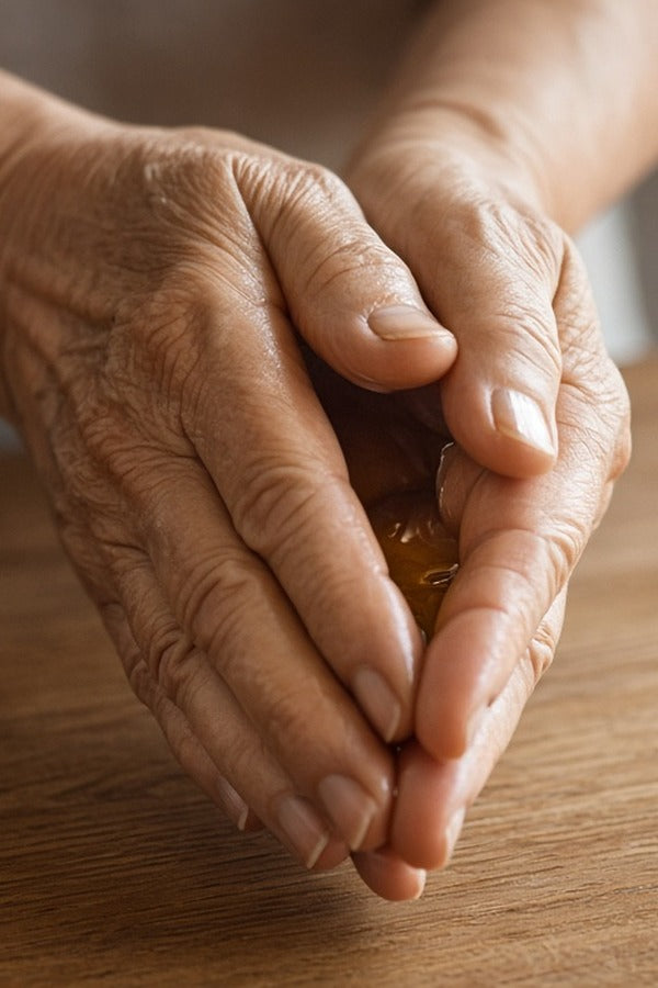Older hands rubbing a drop of doTERRA Copaiba oil between the palms over a wooden table. doTERRA Copaiba Essential Oil Sample (.25 mL)