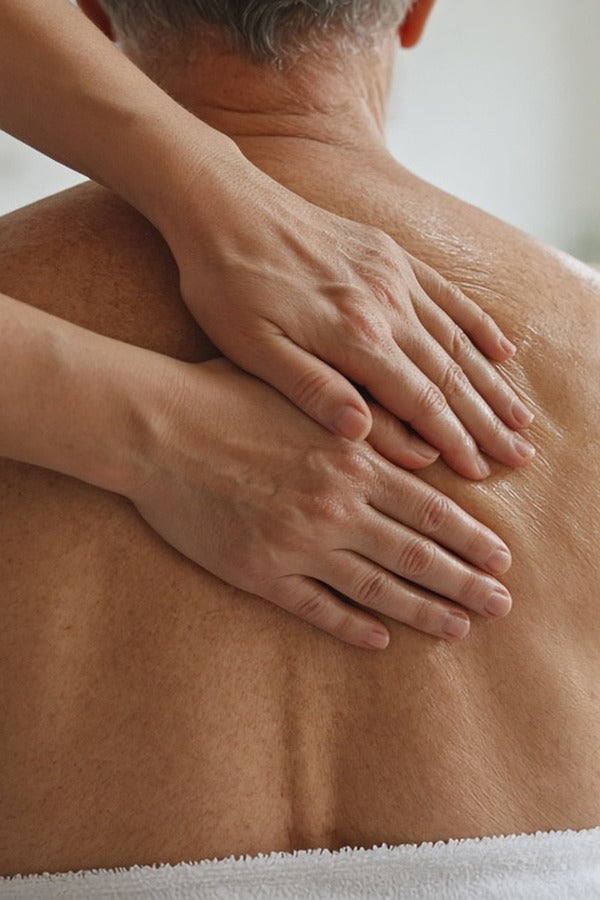 Hands massaging doTERRA Deep Blue into an older man's shoulder blades in a bright living room. doTERRA Deep Blue Essential Oil Sample (.25 mL)