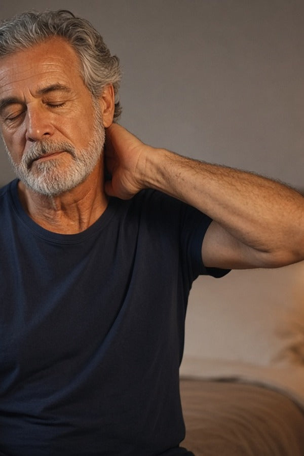 Older man rubbing doTERRA Frankincense into the back of his neck while sitting on his bed at night. doTERRA Frankincense Essential Oil Sample (.25 mL)