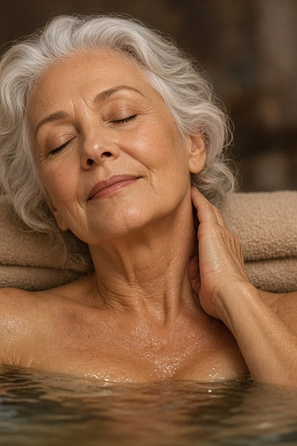 Older woman relaxing in a warm bath, massaging doTERRA Lavender into the back of her neck. doTERRA Lavender Essential Oil Sample (.25 mL)