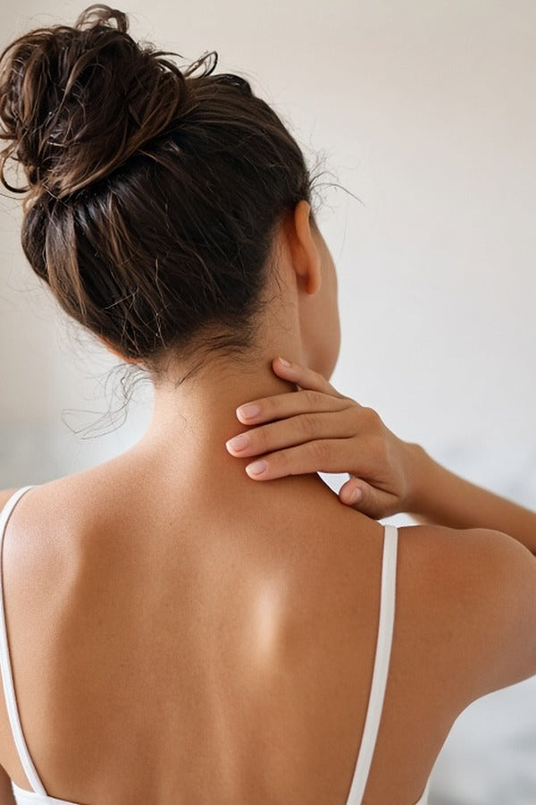 Woman rubbing doTERRA Lemon into the back of her neck in a bright bathroom. doTERRA Lemon Essential Oil Sample (.25 mL)