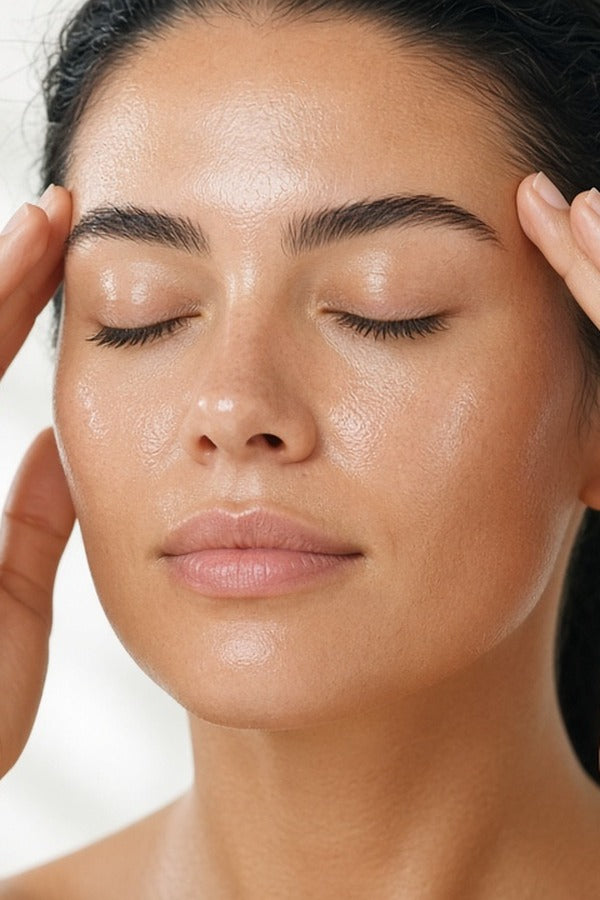 Woman massaging doTERRA Peppermint into her temples with her fingertips. doTERRA Peppermint Essential Oil Sample (.25 mL)