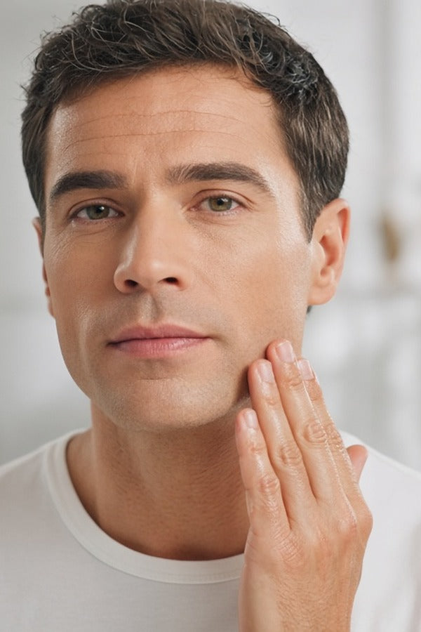 Man patting doTERRA Tea Tree onto his freshly shaved jawline in a bright bathroom. doTERRA Tea Tree Essential Oil Sample (.25 mL)