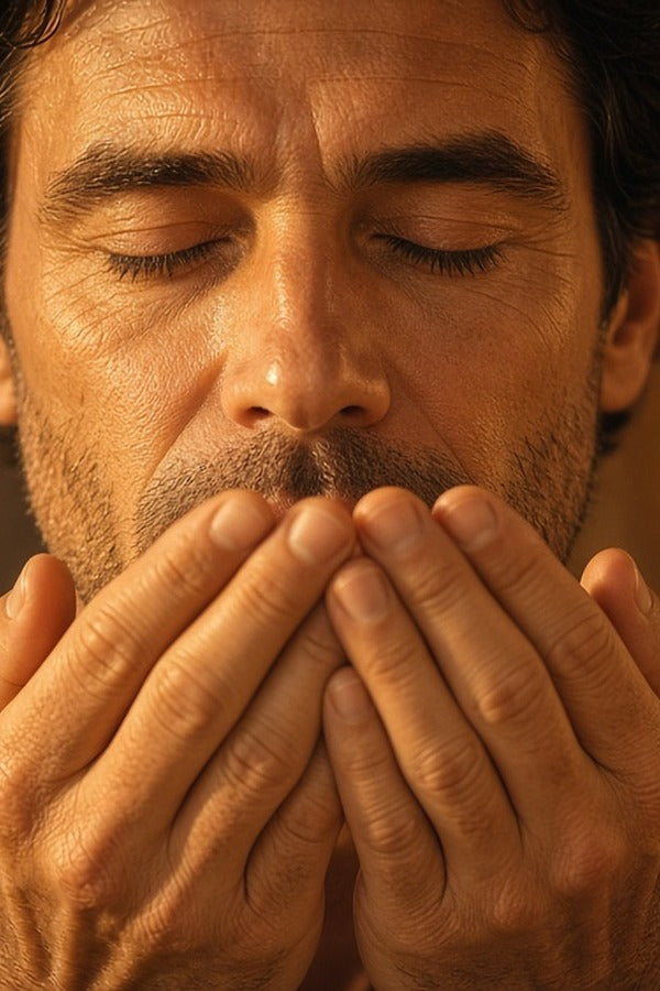 Man inhaling doTERRA Wild Orange from his cupped hands in warm golden light. doTERRA Wild Orange Essential Oil Sample (.25 mL)