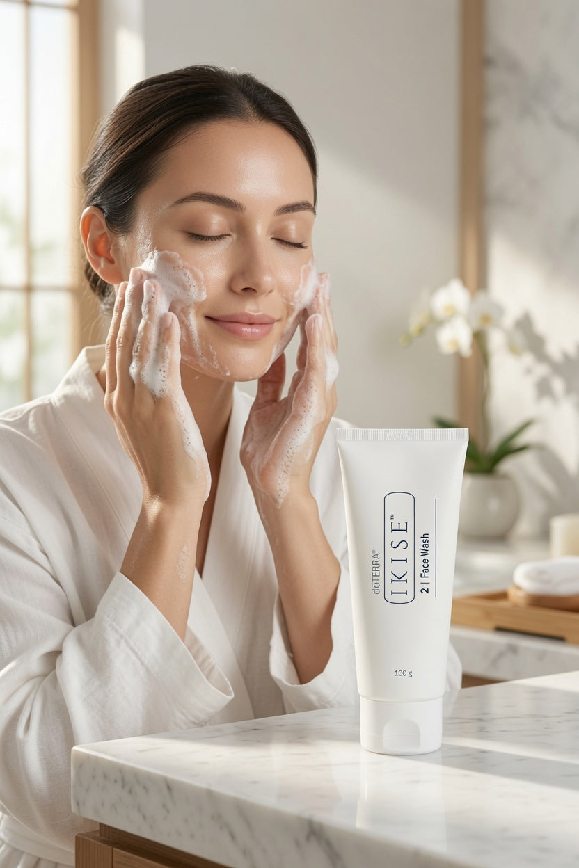 A woman in a white robe washes her face with foaming facial cleanser, with a white tube of KISE 21 Facial Wash standing on a marble countertop in the foreground.