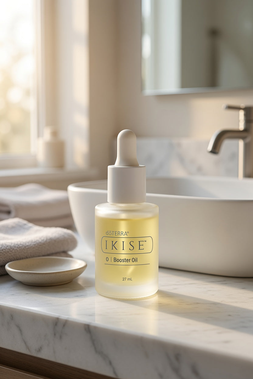 A bottle of doTERRA IKISE Booster Oil with a white dropper cap, set on a marble bathroom counter next to a sink and faucet.