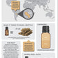 An informational infographic poster about Guaiacwood essential oil by dóTERRA, featuring a world map with a highlighted source region, a bottle of oil, wood pieces, chemistry details, and a row of recommended essential oil bottles.