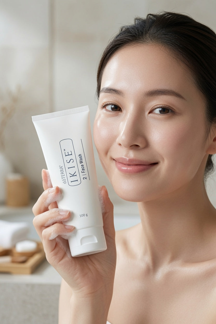 A woman holding a white tube of KISE Moisturize 2 Face Wash in front of her face, with a softly lit bathroom background.