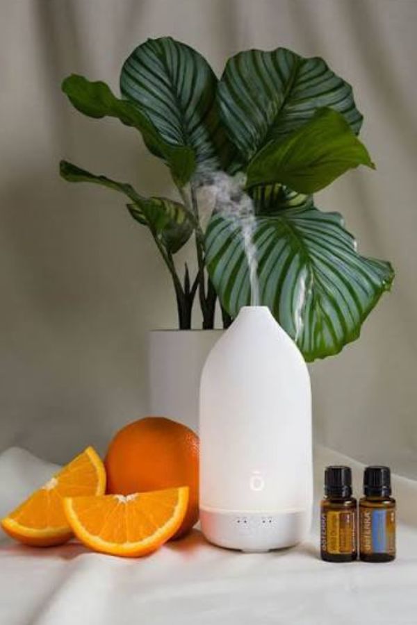 A white essential oil diffuser with misting at the top, styled with orange slices, a whole orange, and two amber dropper bottles on a draped white fabric surface with a potted green plant in the background. doTERRA LaLuz Diffuser