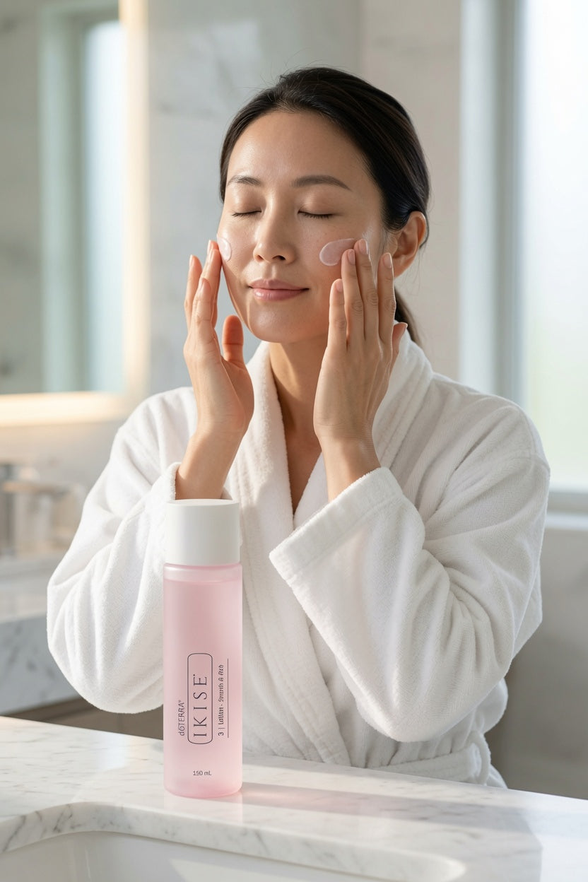 A woman in a white bathrobe applies a pink skincare cream to her face, with a pink bottle of KISE skincare resting on the marble counter in the foreground.