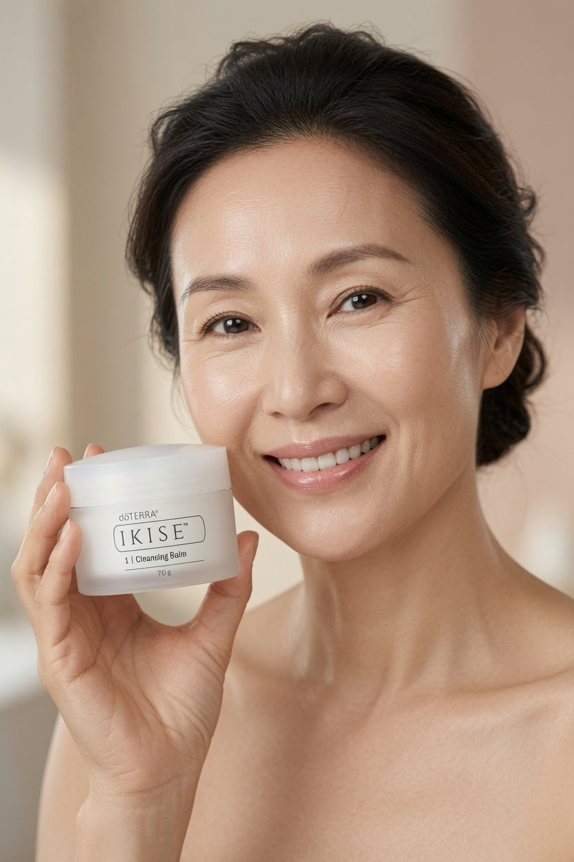 A smiling woman holds up a white jar of IKISE 11 Cleansing Balm against a soft, warm beige background.