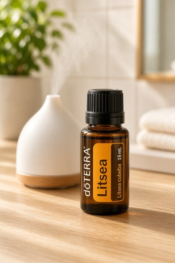A bottle of doTERRA Litsea essential oil on a wooden table next to a white diffuser, with a blurred bathroom background.