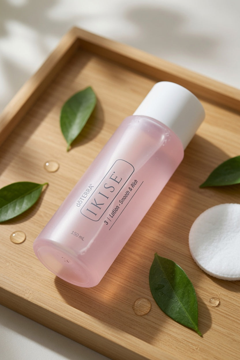 A bottle of IKISE outdoor facial cleanser with a white cap and translucent pink liquid, styled on a wooden tray with green leaves, water droplets, and a cotton pad.