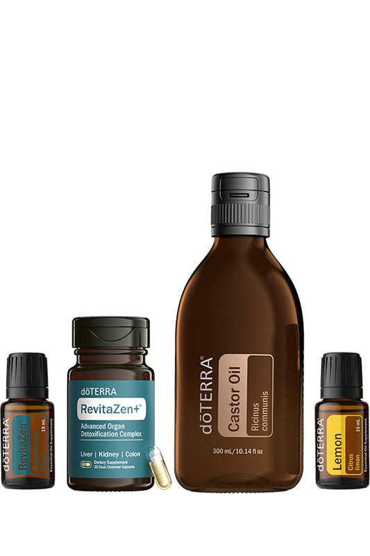 doTERRA Detox Bundle with RevitaZen, RevitaZen+, Castor Oil and Lemon on a white background
