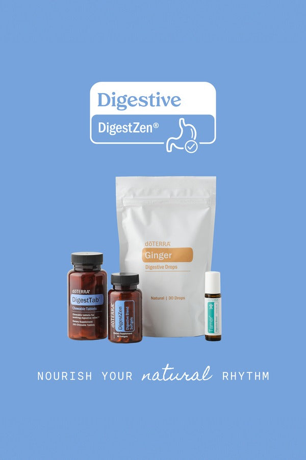doTERRA Digestive Bundle on blue background - Nourish your natural rhythm