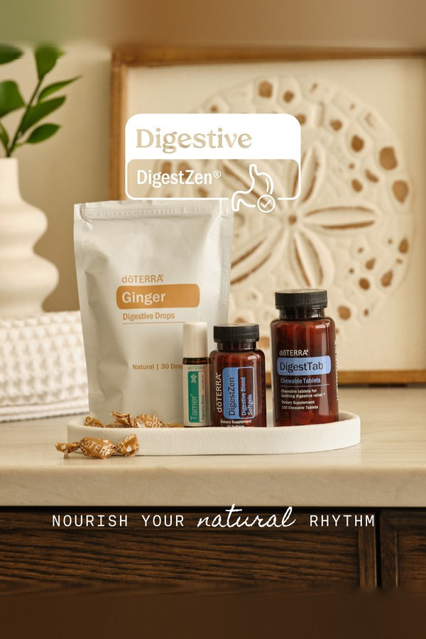 doTERRA Digestive Bundle with Ginger Digestive Drops on a wooden counter - Nourish your natural rhythm