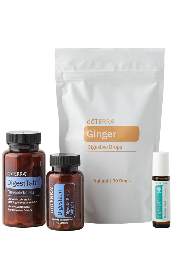 doTERRA Digestive Bundle with DigestZen Softgels, DigestTab, Ginger Digestive Drops and Tamer Roll-On on a white background