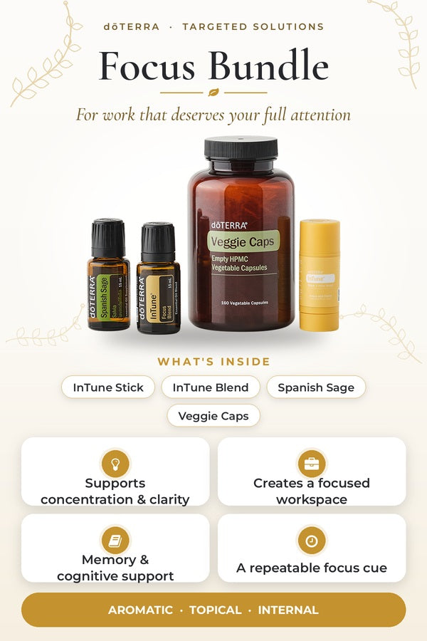 doTERRA Focus Bundle infographic showing InTune Stick, InTune Blend, Spanish Sage and Veggie Caps with key benefits