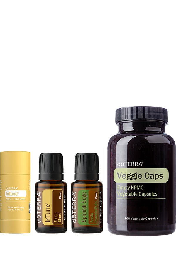 doTERRA Focus Bundle with InTune Stick, InTune Focus Blend, Spanish Sage and Veggie Caps on a white background