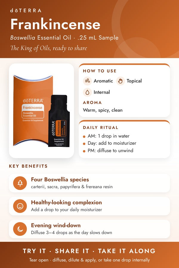 doTERRA-branded infographic for the Frankincense .25 mL sample sachet showing how to use it, aroma, and key benefits. doTERRA Frankincense Essential Oil Sample (.25 mL)