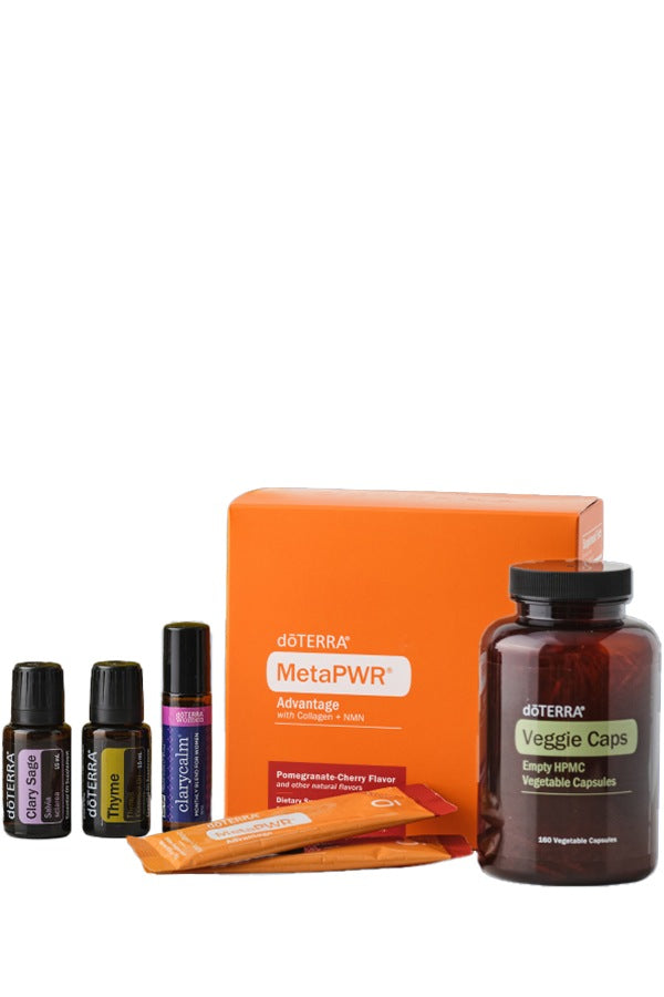 doTERRA Hormone Health Bundle with MetaPWR Advantage, ClaryCalm, Thyme, Clary Sage and Veggie Caps on a white background