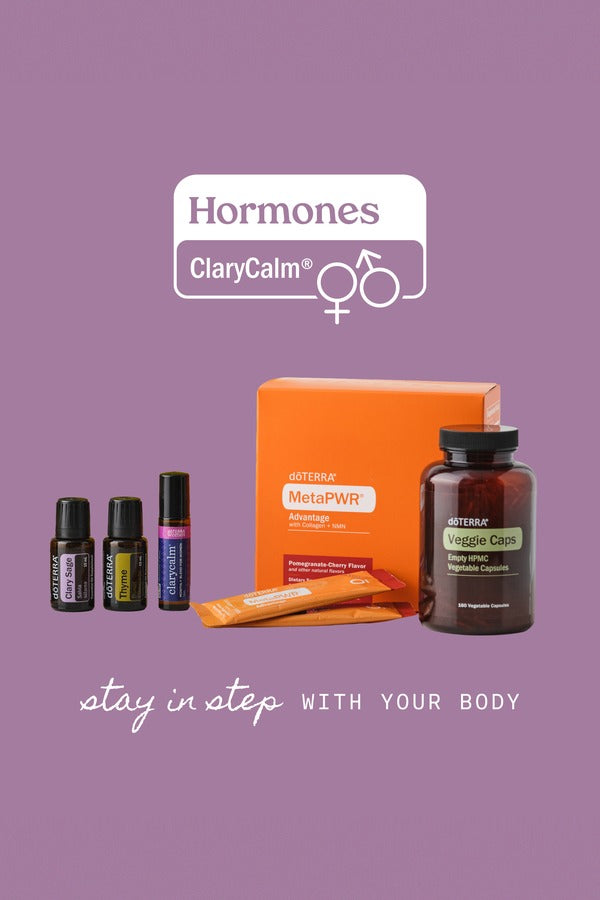 doTERRA Hormone Health Bundle with ClaryCalm on lilac background - stay in step with your body