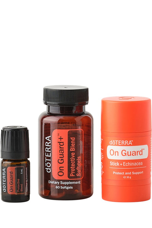doTERRA Immune Bundle with On Guard Protective Blend, On Guard+ Softgels and On Guard Stick + Echinacea on a white background
